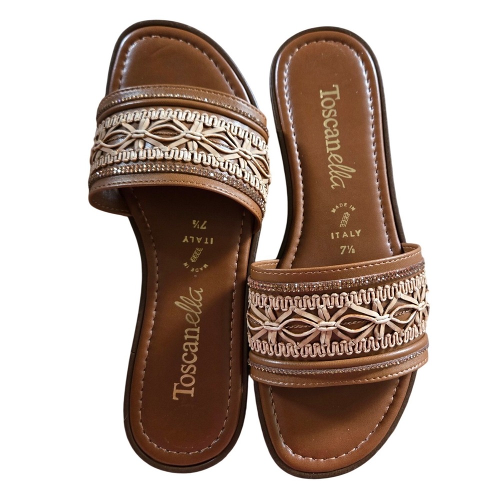 Toscanella Slide Sandals Women 7.5 Tan New Woven Macrame‎ Rhinestone Italy